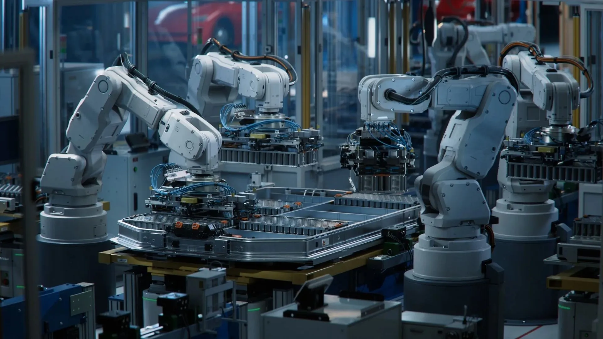 Industrial robotic arms operating inside an automated assembly cell, representing robotics and automation applications served by Carpatians MFG