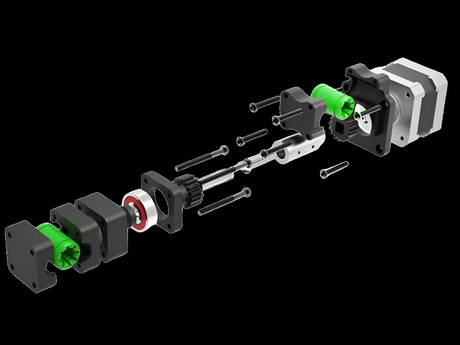 Exploded view of a precision mechanical sub-assembly showing stepper motor, drive components, brackets, and fasteners on a black background