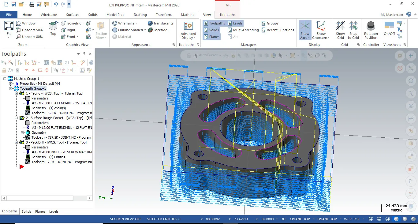 Mastercam toolpath simulation showing programmed machining operations on an engineered joint component